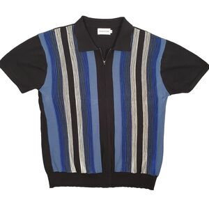 OxKnitStore Full Zip Knit Polo Shirt Mens XL Blue Striped Retro Style 60s 70s